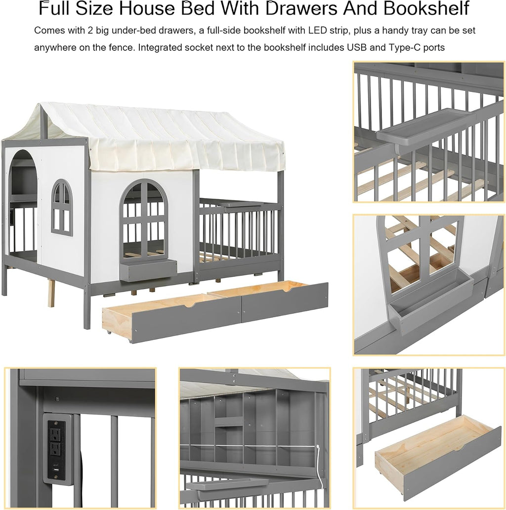 Polibi Full Size House Platform Bed with 2 Drawers, Side Bookshelf, LED Strip & Charging Station - High Safety Guardrails, for Kids (Gray)