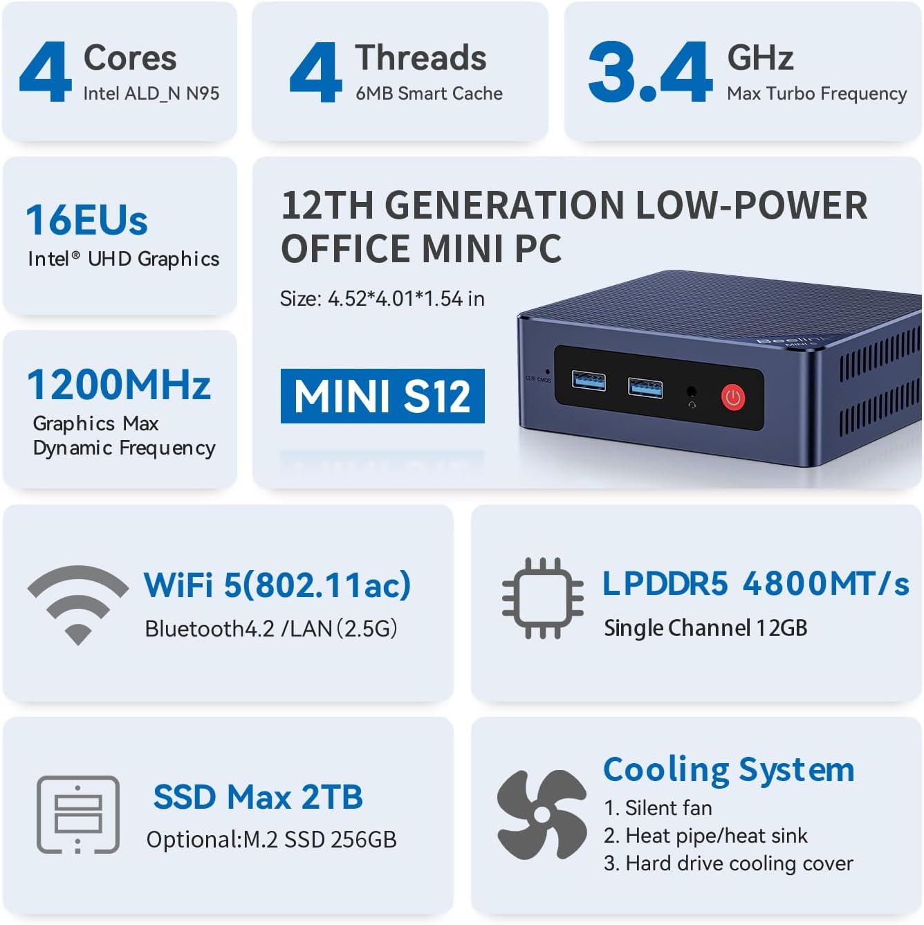 Beelink MINI S12 Mini PC with N95 Processor, 12G LPDDR5 480G SSD 4K UHD Mini Computer, WiFi5 /BT4.2/2.5G LAN, Desktop Computer Support Dual HDMI Ports, Business Mini Computer Support W11 Home