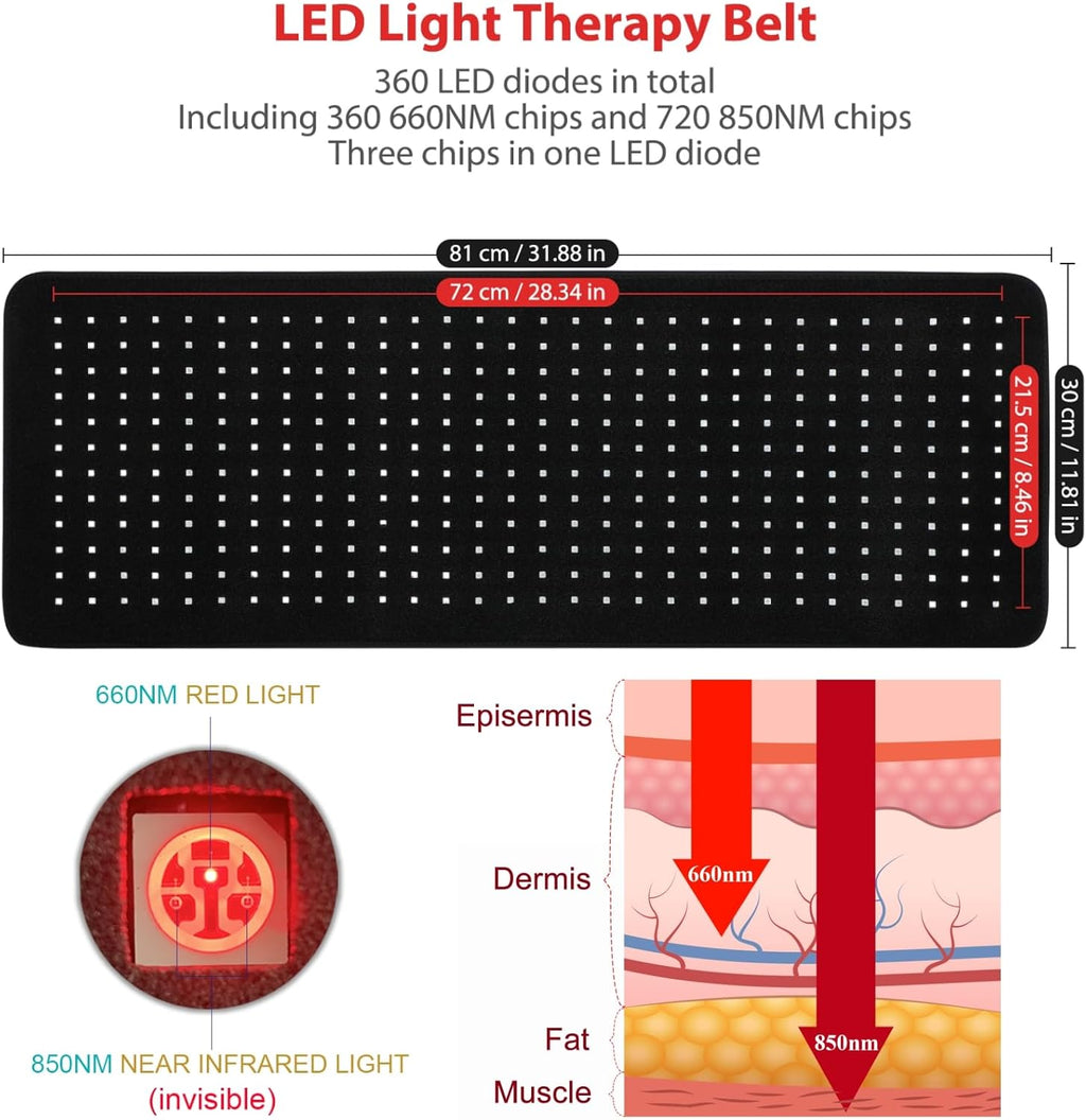 360pcs LED 660nm Red Light and 850nm Near Infrared Light Therapy Devices Mat Large Wearable Pads Wrap for Body Pain Relief