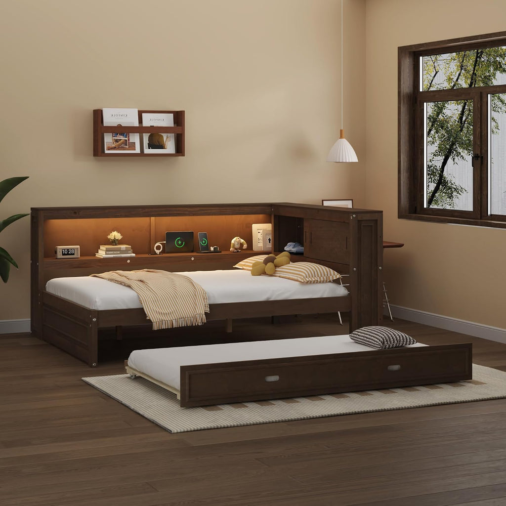Modern Full Size Daybed with Storage Shelves and Bookcase, L Shape Corner Bed with LED Lights & USB Ports, Full Wood Daybed with Trundle for Kids Teens Adults (Antique Wood-Q28)