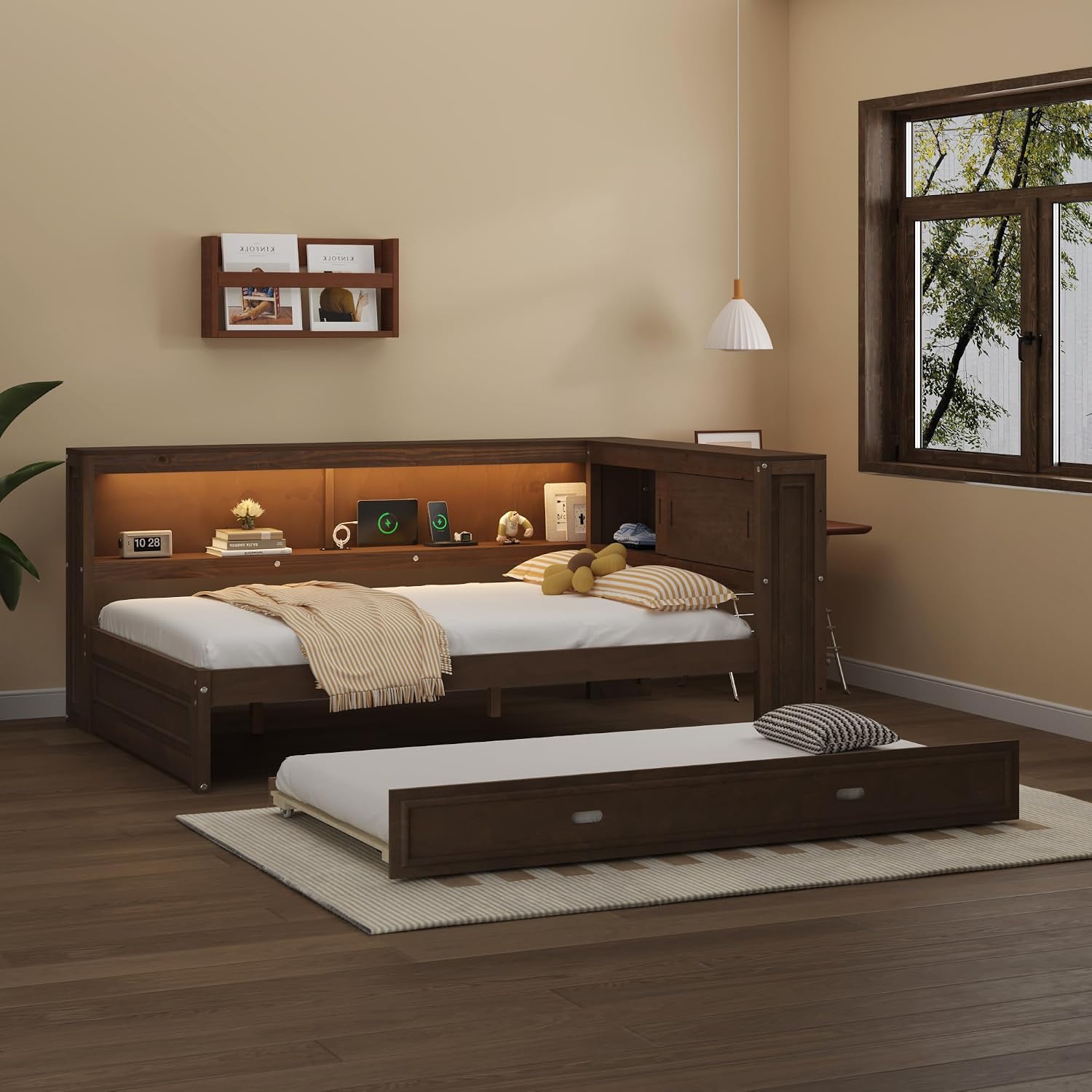 Modern Full Size Daybed with Storage Shelves and Bookcase, L Shape Corner Bed with LED Lights & USB Ports, Full Wood Daybed with Trundle for Kids Teens Adults (Antique Wood-Q28)