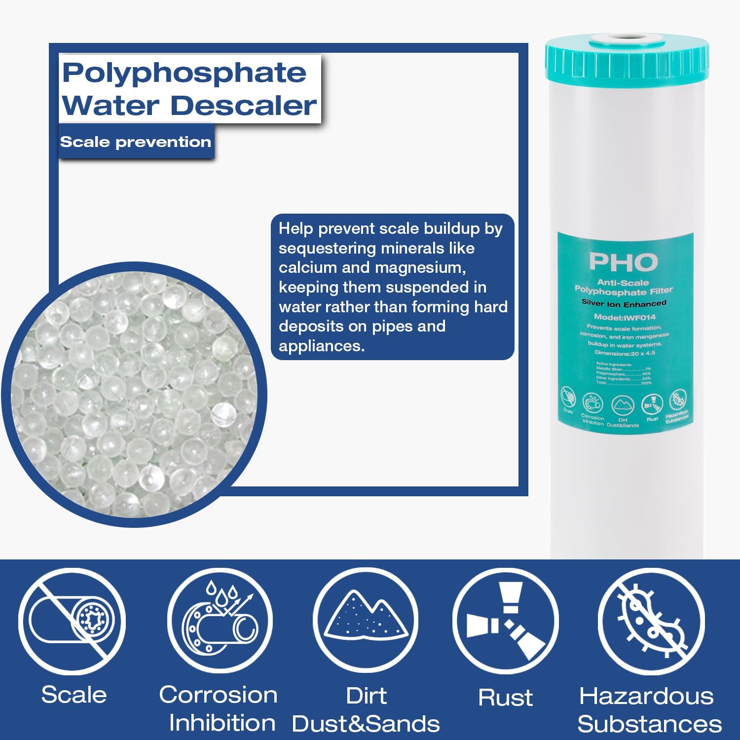 H&G Lifestyles Whole House Water Filter Cartridge, 4.5 x 20 KDF Water Filter, Polyphosphate Water Descaler, PP Cotton Filter, Compatible with ECP5-20BB,SPC-45-2005,DGD-5005-20