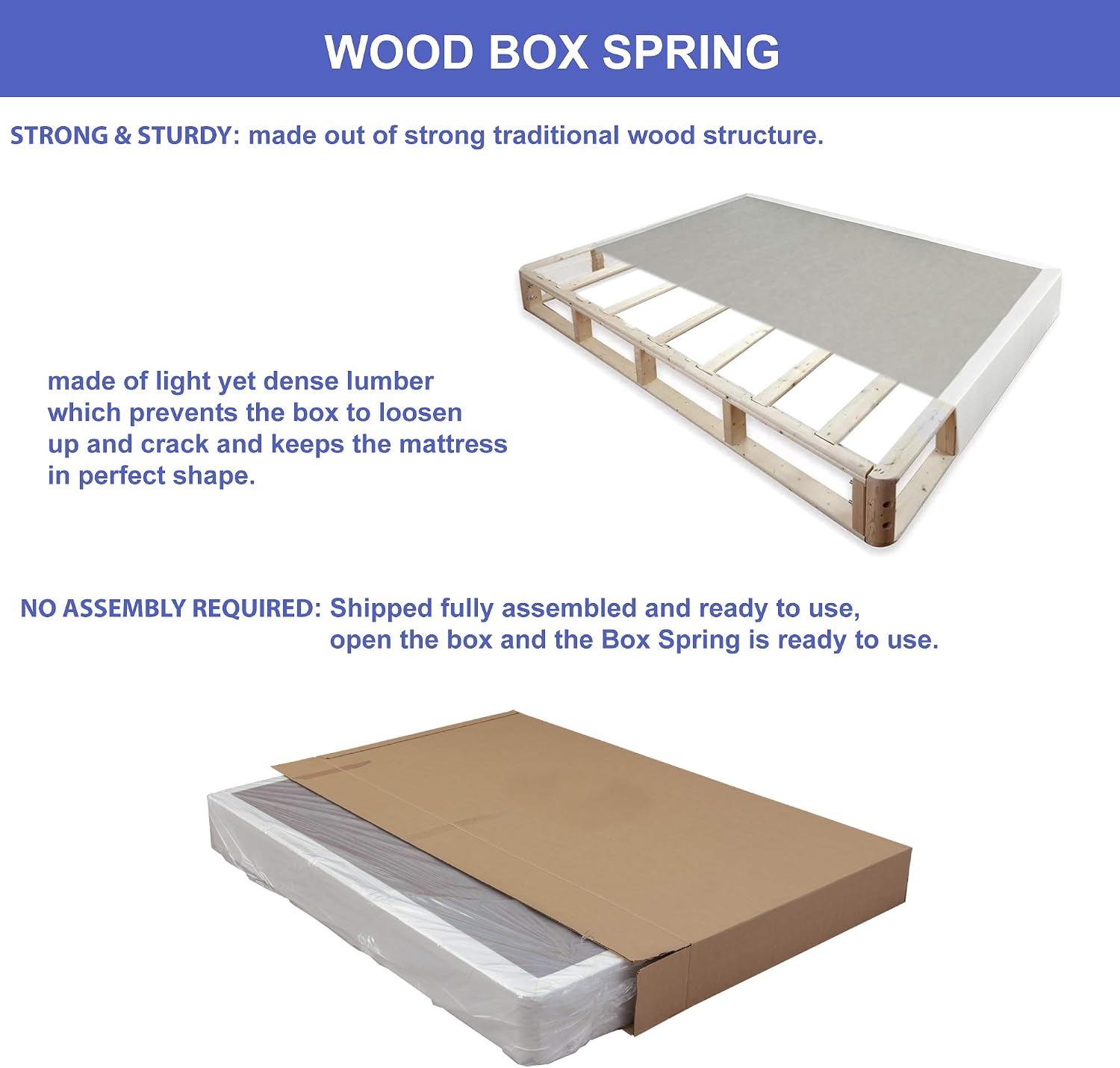 8-Inch Fully Assembled Split Wood Traditional Box Spring/Foundation for Mattress Set, Queen, White