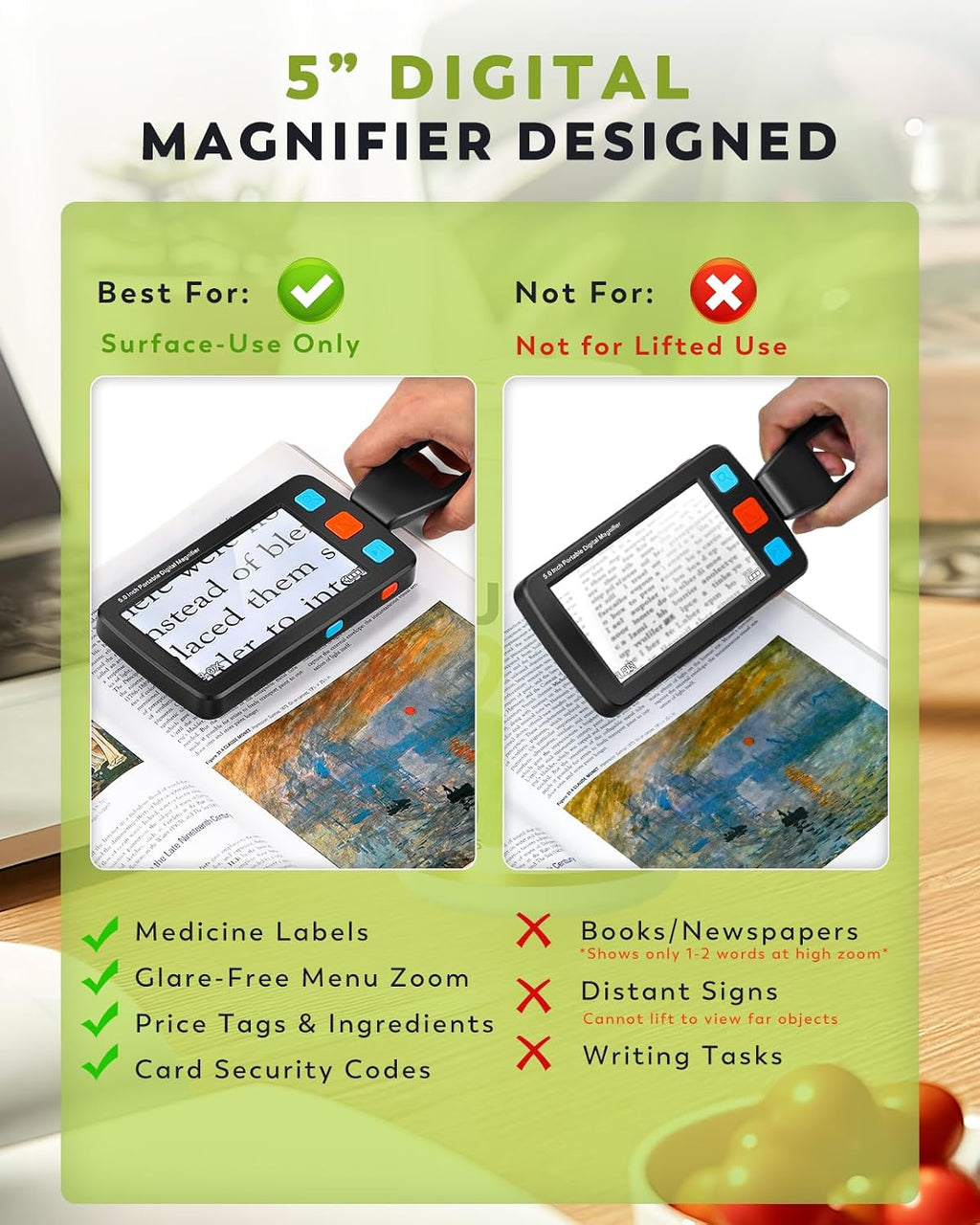 5.0 Inch Portable Digital Magnifier, 4X-32X Zoom Electronic Reading Aid with Foldable Handle for Low Vision/Seniors/Kids, Ideal for Quick Reading – Not Recommended for Long Books or Novels