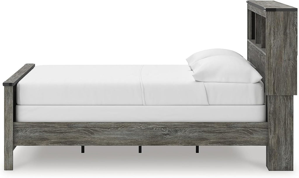 Signature Design by Ashley Frandern Rustic Bookcase Panel Bed with Nailhead Accents, Foundation or Box Spring Needed, Full, Gray