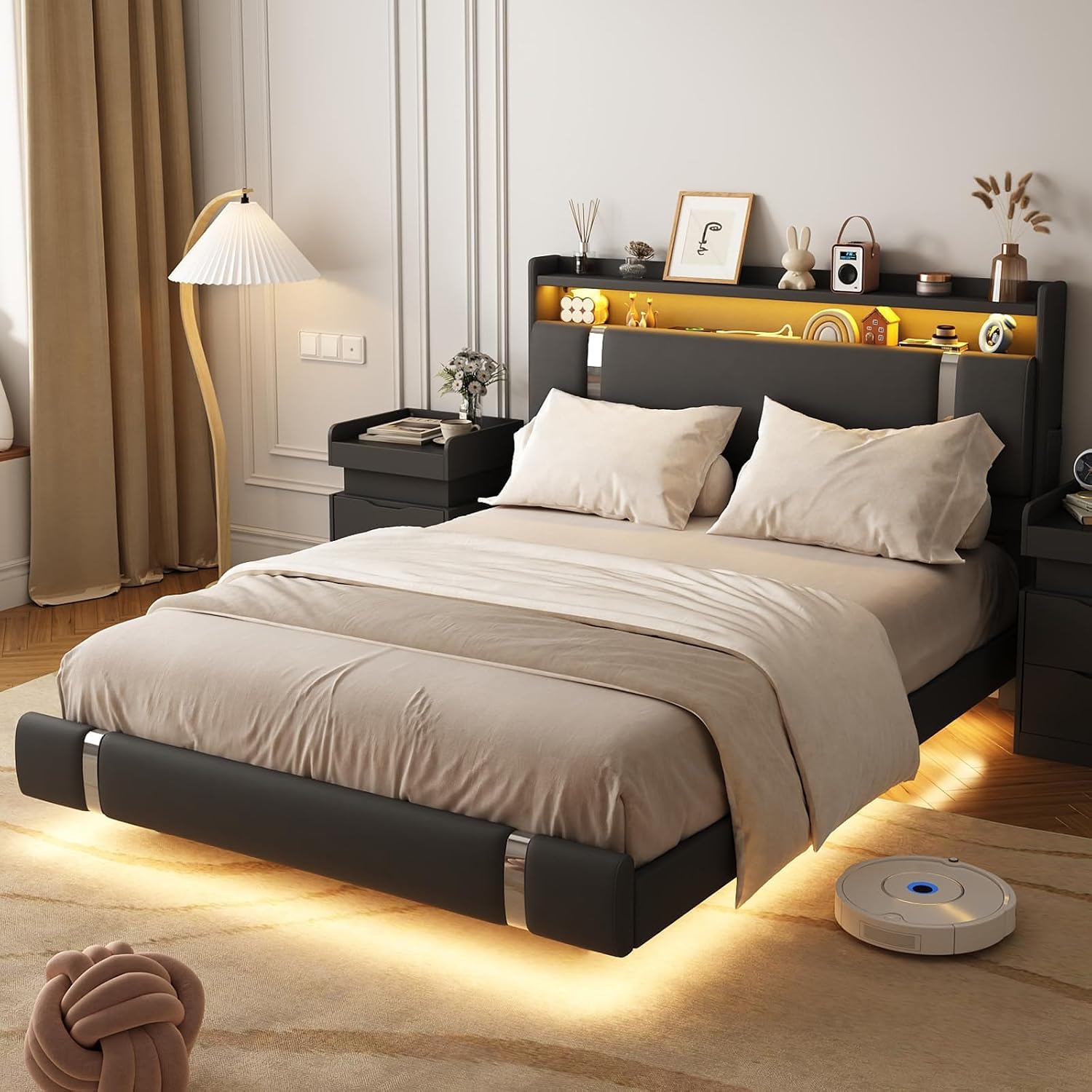 Floating Bed Frame, Full Size Platform Bed Frame with LED and Charging Station, Modern Black Metal Platform Full Bed with Storage Headboard, Upholstered Platform Bed Frame, No Box Spring Needed