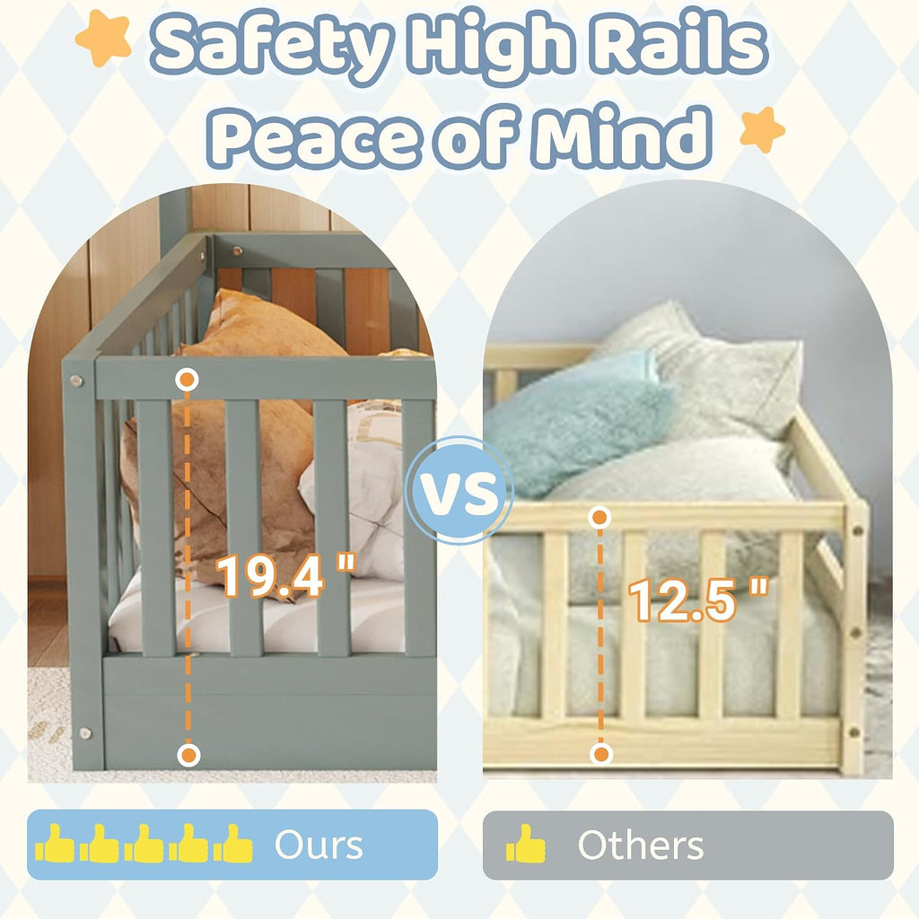 Twin Montessori Floor Bed with High Rails, Wooden Montessori House Bed Twin with Light & Slats, Low Profile Beds for Kids Girls Boys, Gray