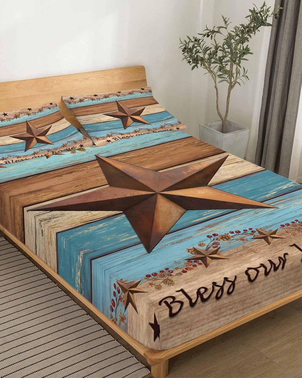 Western Texas Star Retro Cal King Sheet Set 4 Piece Bedding - Country Farmhouse Light Blue Brown Wood Breathable Comfy Cooling Bed Sheets & Pillowcase Sets,Hotel Flat Sheets Deep Pockets Fitted Sheet