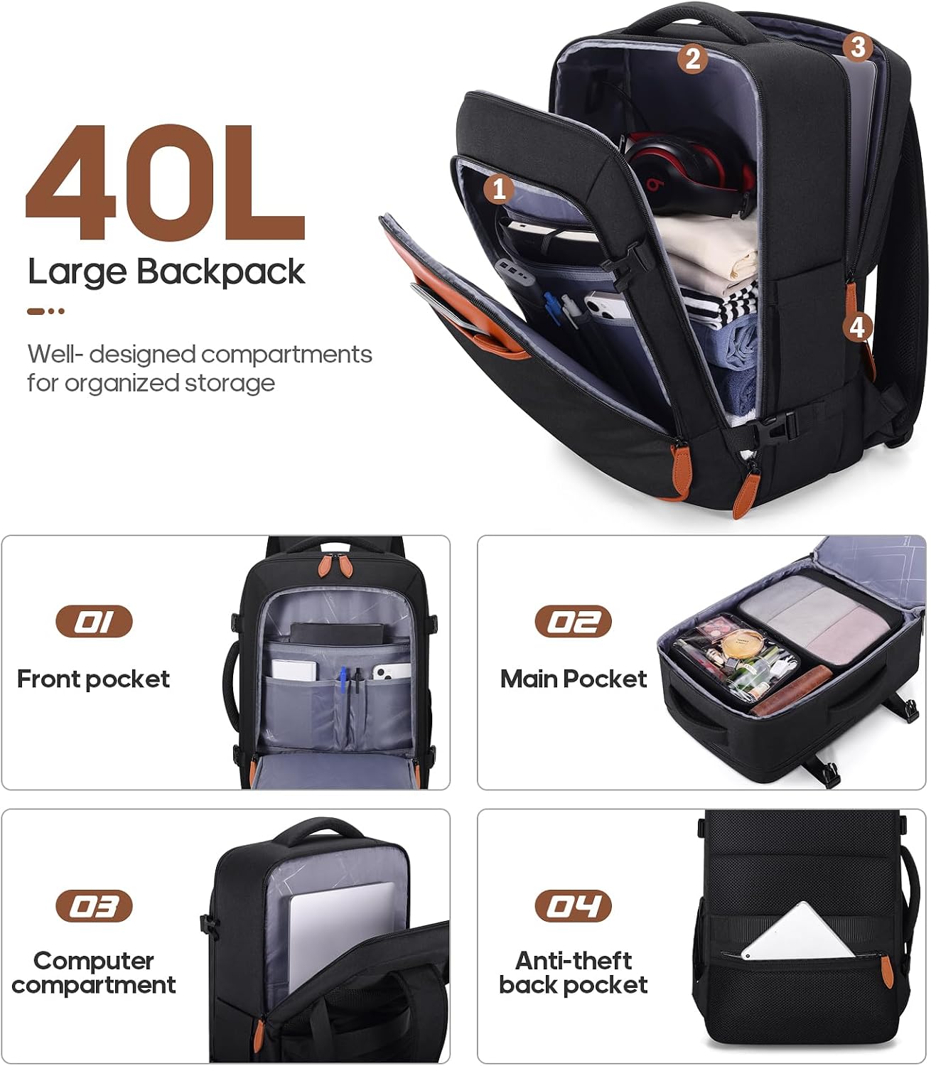 UKEIN Luggage Sets 3 Piece, PC Hardside Checked Luggage 24 Inch With Spinner Wheels with TSA Lock, Large Suitcase Set With Travel Backpack for Men (Black, 3 piece set (24inch))