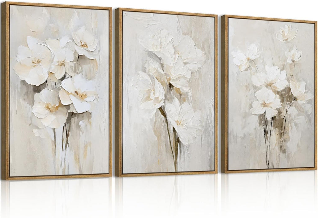Anyzal Large Framed Beige Floral Wall Art Neutral Flower Wall Decor,White Flower Wall Art,White Wildflower Artwork,Abstract Botanical Floral Painting for Living Room Bedroom Dining Room 24x36 Inch