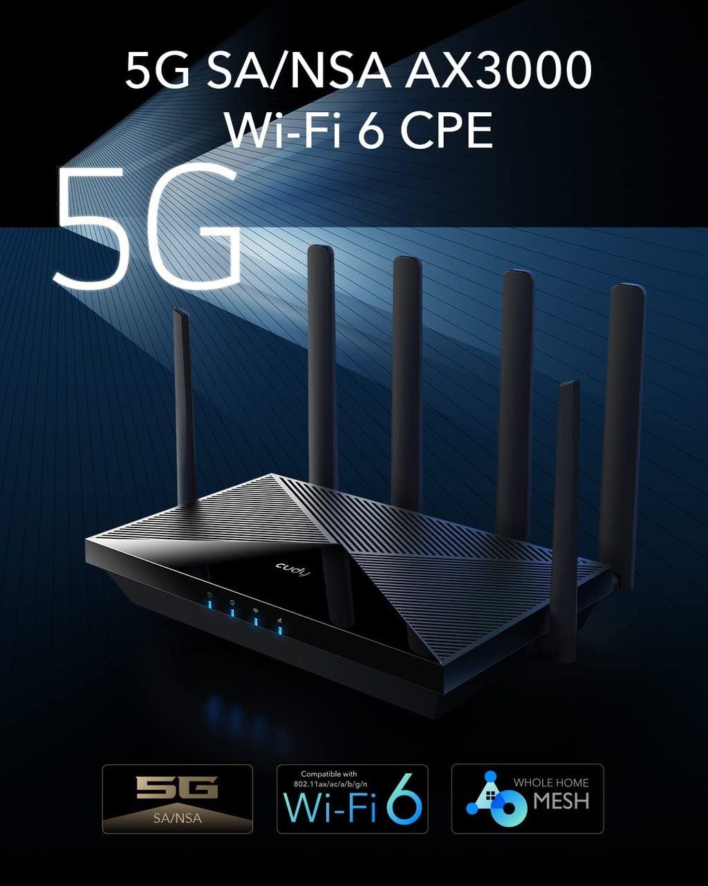 Cudy New 5G NR SA NSA AX3000 WiFi 6 CPE Router, AX3000 Dual SIM 5G Cellular Router, Qualcomm IPQ5018, SDX62, MU-MIMO, Detachable Antennas, Band Lock, VPN, Zerotier, Cloudflare, P5