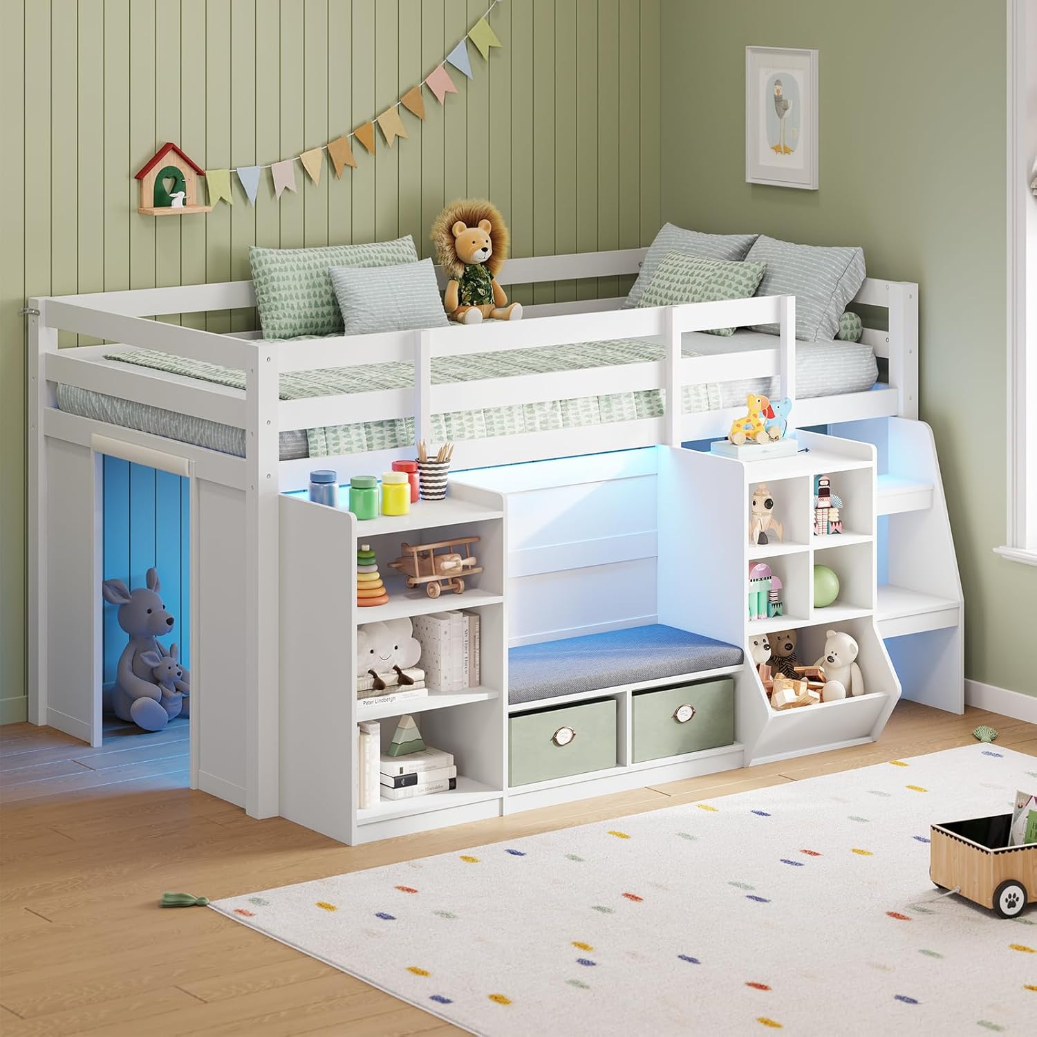 Low Loft Bed Twin Size with LED Lights, Wooden Kids Twin Loft Bed with Storage Bookcase, Toy Box, Reading Nook and Secret Play Space, Modern loft Bed with Stairs and Safety Guardrails for Boys Girls