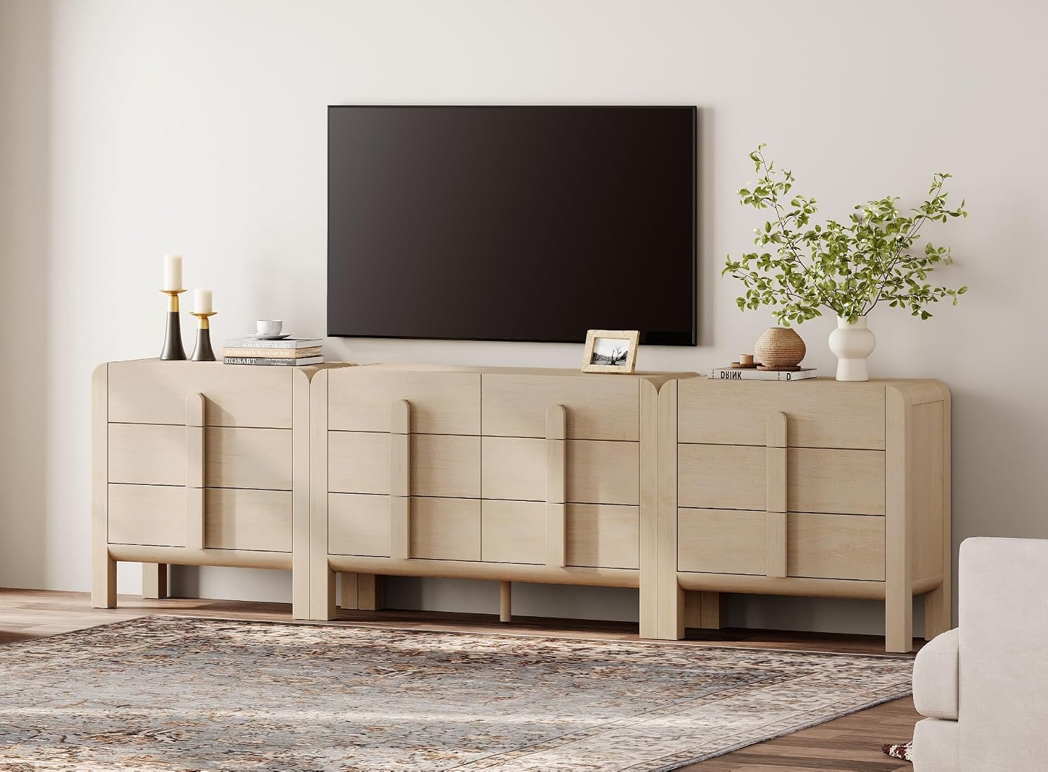WAMPAT 3 Piece Bedroom Dresser Set, 110.2' Wide Mid Century Modern Chest of Drawers with Curved Handles, Dresser TV Stand with 12 Drawers, Wood Drawer Organizer for Bedroom, Light Oak
