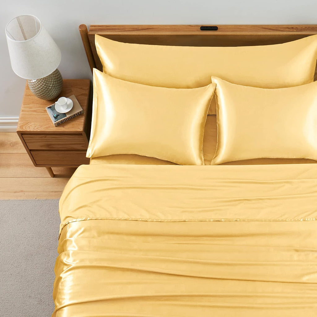 Twin XL Size 4-Piece Sheet Set Premium Mulberry Silk Bed Sheets Set Fits 14-16' Deep Pocket - Luxurious Soft Silk (Solid, Gold)