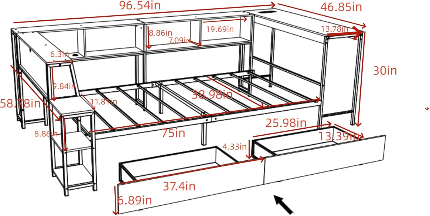 Bellemave Twin Size Corner Bed Frame with Desk and Storage Drawers,Twin Metal Platform Corner Bed Frame with Charging Station and LED Lights, Twin Daybed for Kids Teens Guests,Black