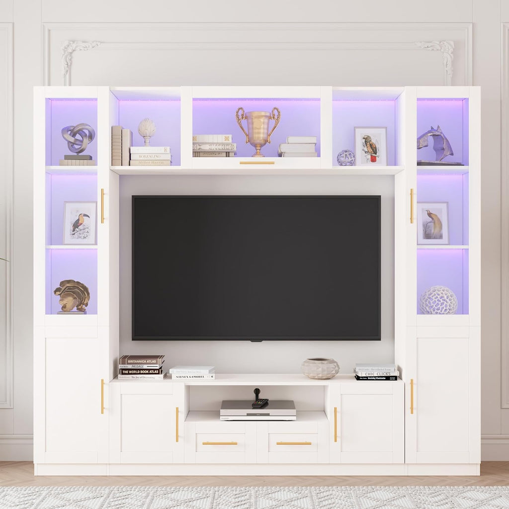 Bobve 94' Wall Unit Entertainment Center for TVs up to 70',Modern TV Console with APP LED Lights,Multifunctional TV Stand with Tempered Glass Door,Drawers & Shelves for Living Room,White