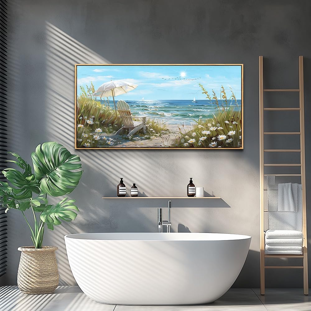 ERQINHUA Large Wall Art For Living Room Canvas Wall Decor For Bedroom Office Decoration Blue Sea Ocean Paintings Beach Chair Wall Pictures Artworks Modern Home Decor Aesthetics 24x48 In Wood Framed