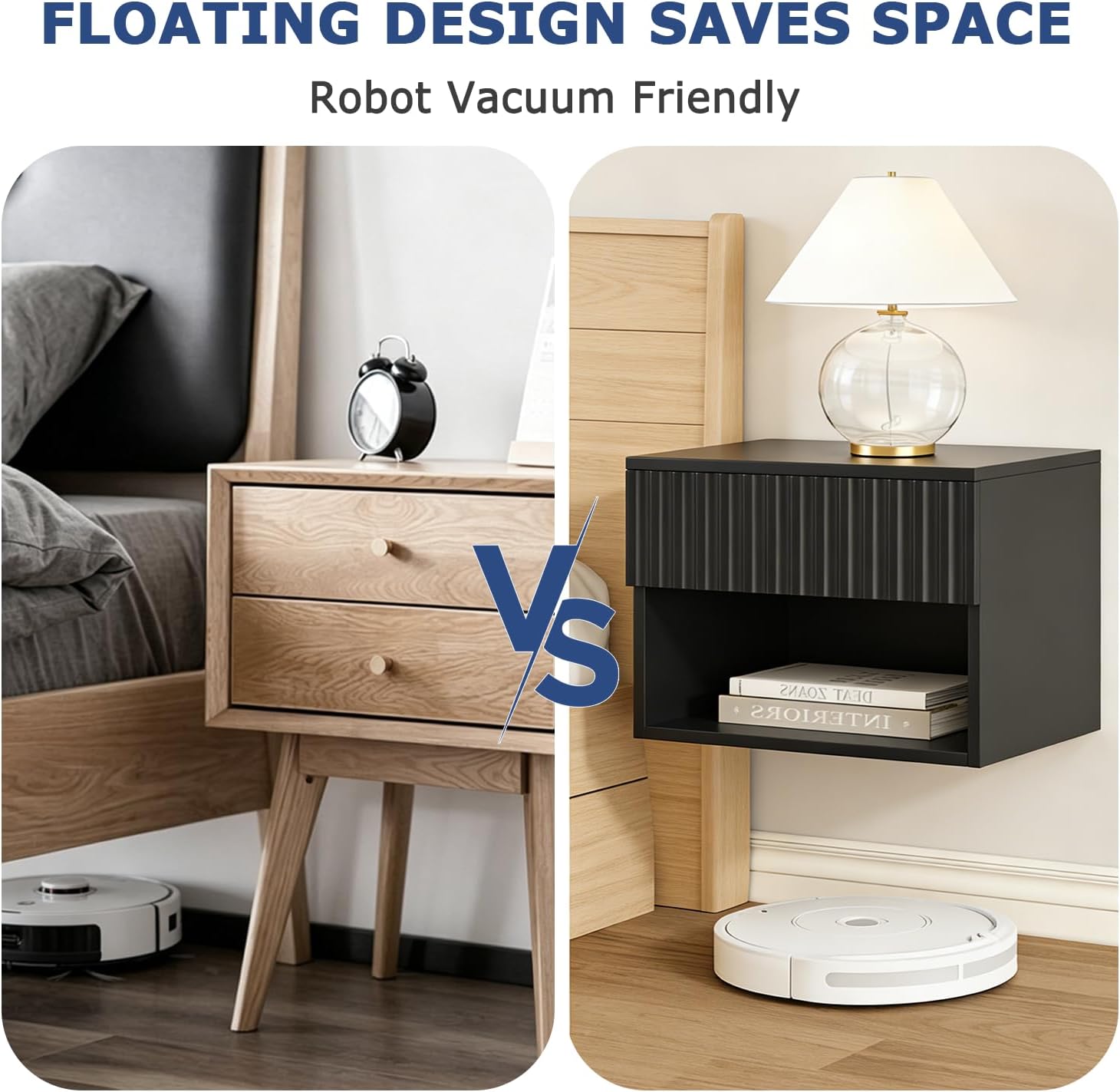 Floating Nightstand Set of 2, Wall Mounted Cabinet with Storage Drawer, Bedroom Bedside Table with LED Light, Modern Night Stand for Dorm Hallway Entryway, Black