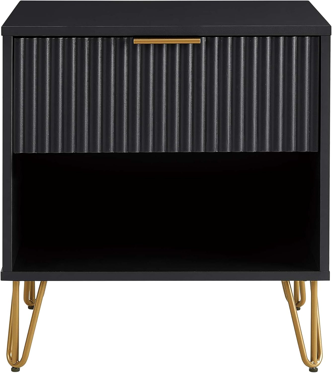 Manhattan Comfort Dumbo Fluted Nightstand with Drawer and Open Shelf, Gold Hairpin Legs and Metal Handle, Snap Tool-Free Assembly, Modern Bedside Accent Table for Bedroom, Office, Living Room in Black
