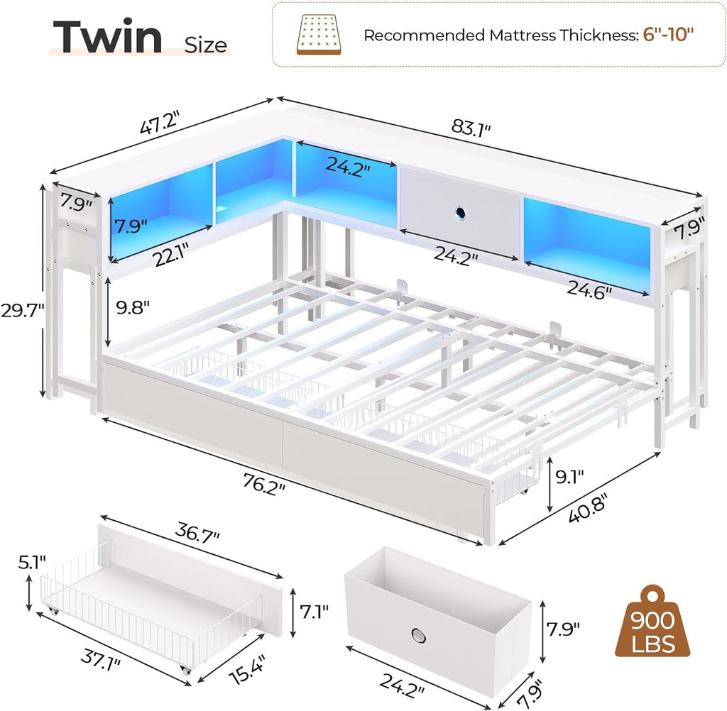 Hasuit Corner Twin Bed Frame with Storage Drawers and Bookcase Headboard, Twin Size Metal Platform Corner Bed Frame with Charging Station and LED Lights, Twin Daybed for Kids Teens Guests, White