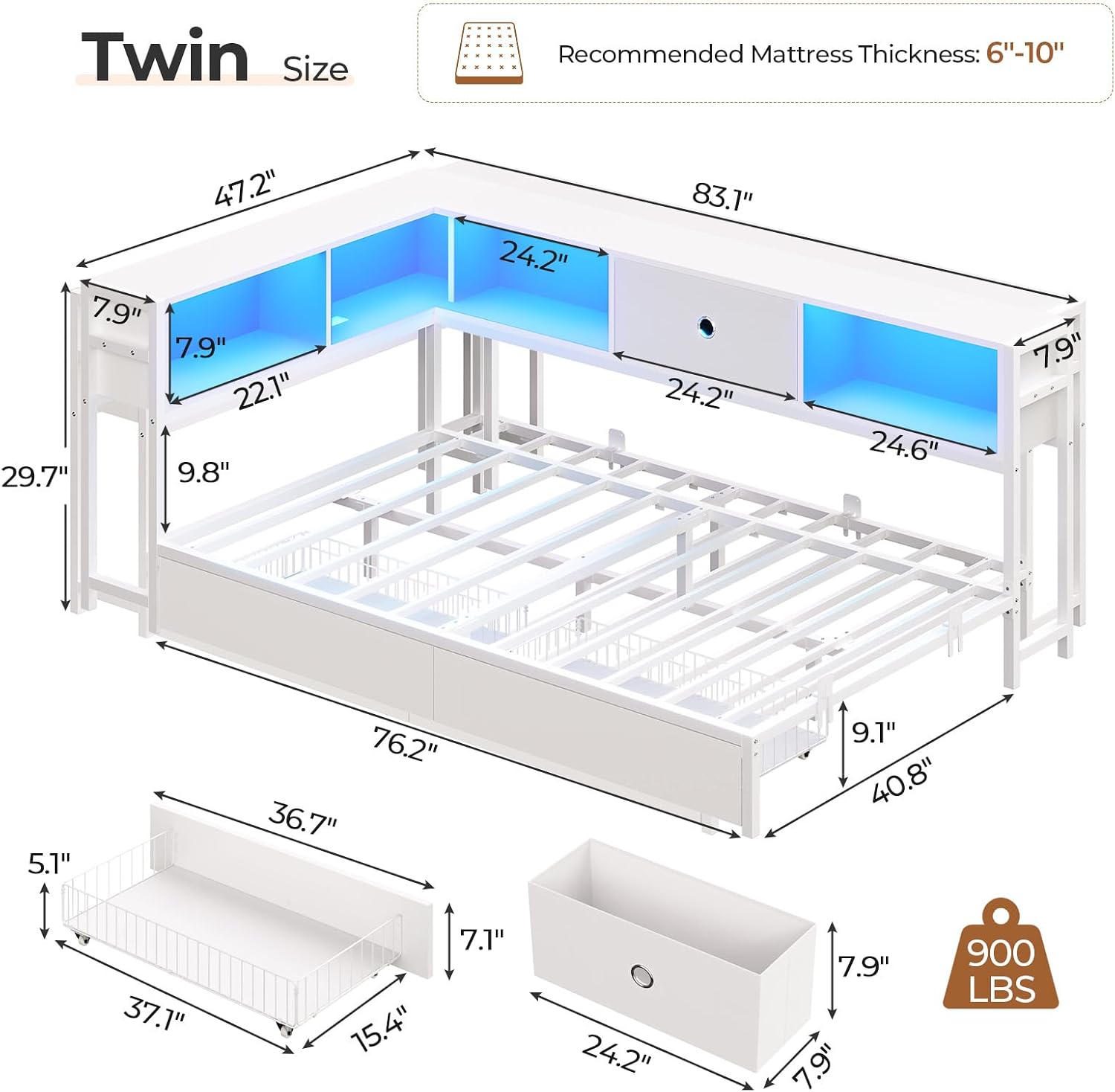 Hasuit Corner Twin Bed Frame with Storage Drawers and Bookcase Headboard, Twin Size Metal Platform Corner Bed Frame with Charging Station and LED Lights, Twin Daybed for Kids Teens Guests, White