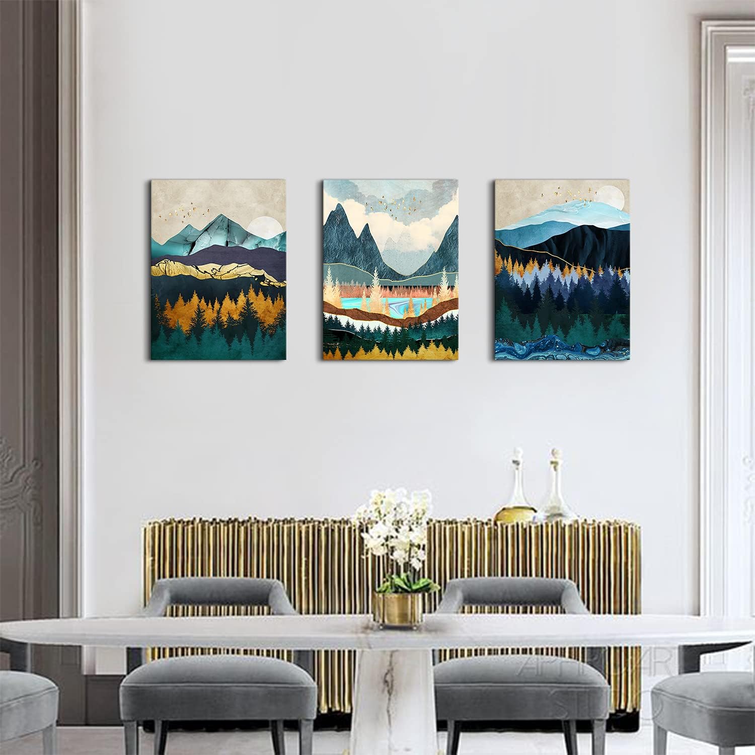 Abstract Mountain Canvas Wall Art Decor Modern Boho Nature Wood Landscape Painting Poster Minimalist Navy Blue Forest Picture Framed Artwork Home Decorations Bathroom Bedroom 24x32 inch 3 Sets