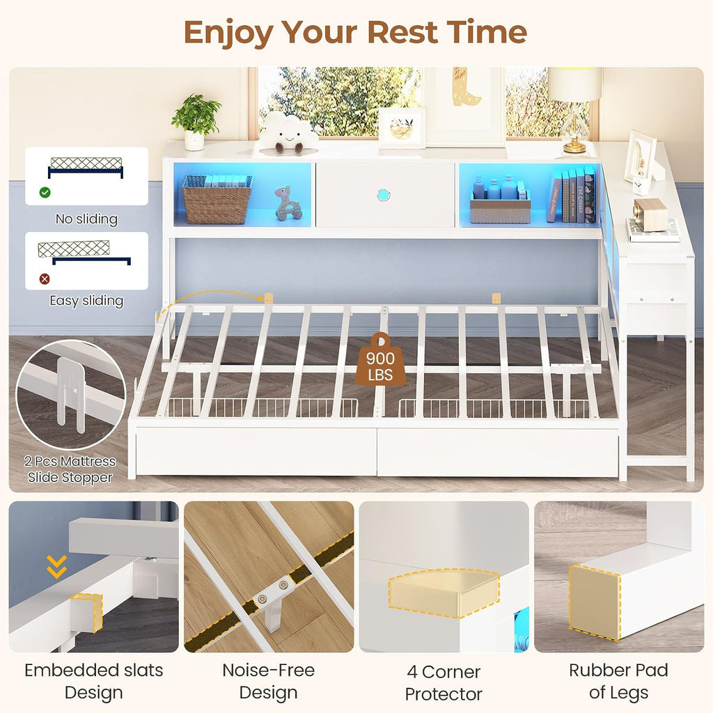Hasuit Corner Full Bed Frame with Storage Drawers and Bookcase Headboard, Full Size Metal Platform Corner Bed Frame with Charging Station and LED Lights, Full Daybed for Kids Teens Guests, White