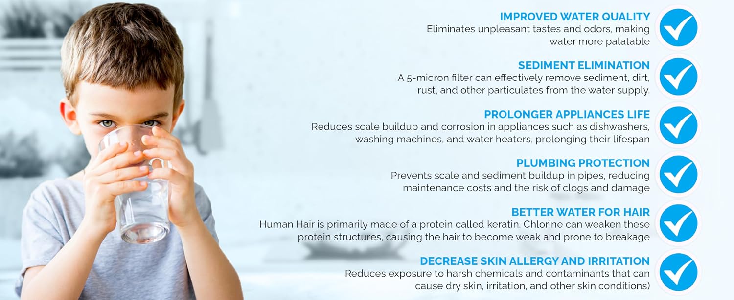 Whole House 3-Stage Water Filtration System, 3/4' port with 2 valves and extra 1 year filter supply (2 sets, 6 pcs)