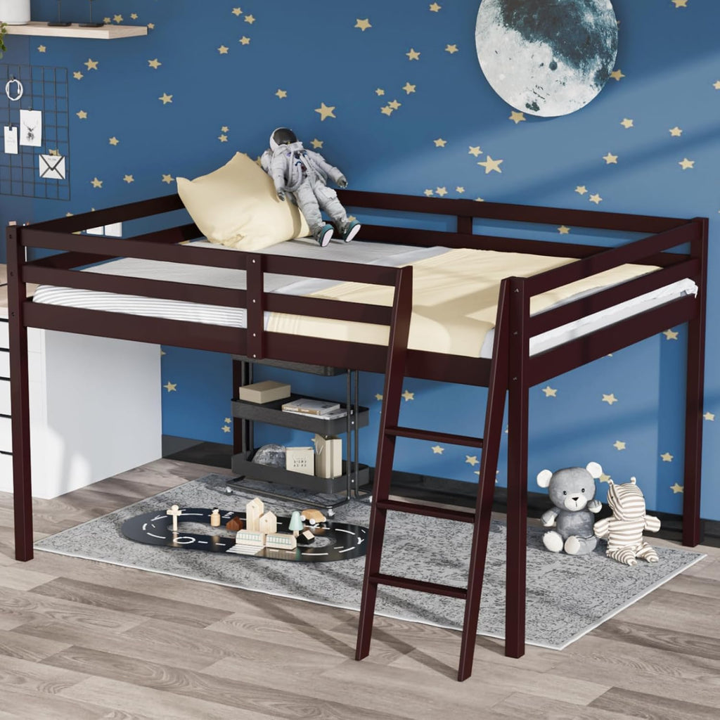 VINGLI 47'' Tall Junior Low Loft Bed with Stairs, Wood Loft Bed Twin Size for Adults, Kids and Young Teens, No Box Spring Required,Wood Slat Support, Espresso