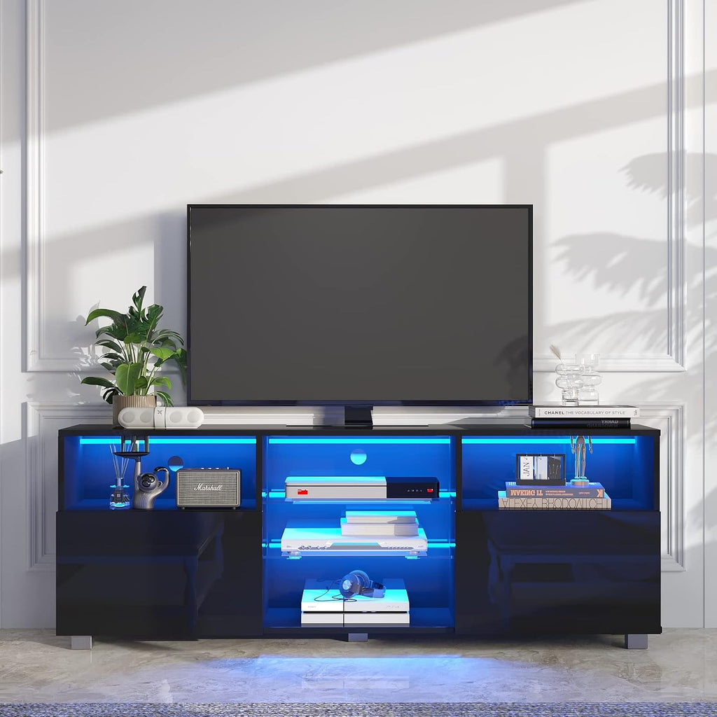 St.Mandyu LED TV Stand for 60/65/70 inch TV, Modern Television Table Center Media Console with Drawer and Led Lights, High Glossy Entertainment Center for Living Game Room Bedroom, Black¡