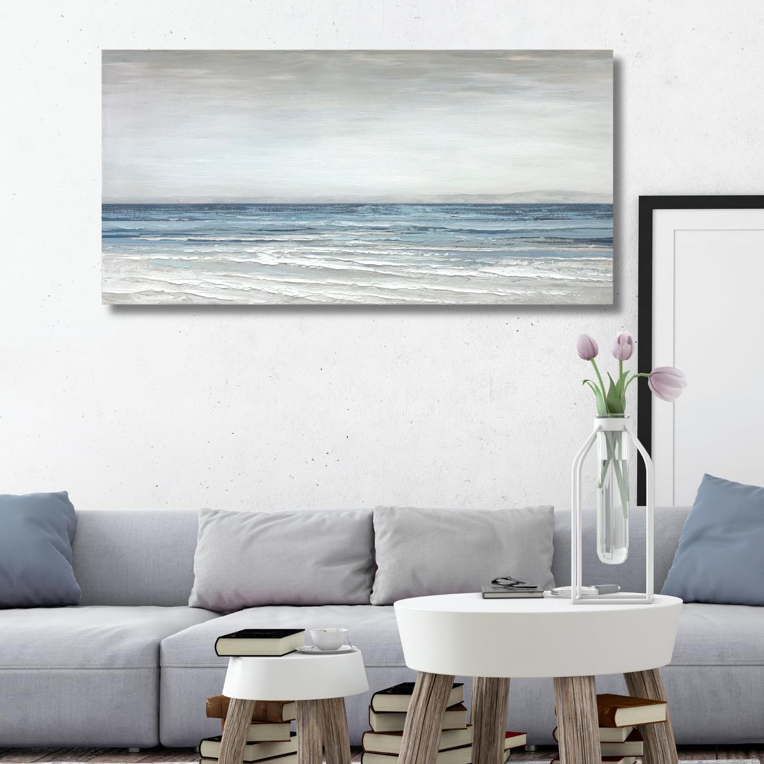 TRAIN2 ART Abstract Wall Art Painting Wall Decor Large Artwork Textured Blue and White Sea Background Canvas Wall Art for Living Room Bedroom Home Decor 28'x57'