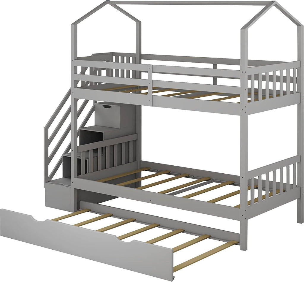 KLMM Twin Over Twin Bunk Bed for Kids Toddlers, House Bunk Bed Farm with Storage Steps and Trundle, Roof Guardrail for Girls/Boys, No Spring Box Required (Gray + Pine+Trundle)