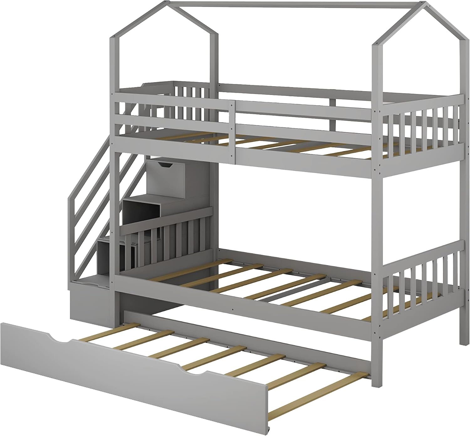 KLMM Twin Over Twin Bunk Bed for Kids Toddlers, House Bunk Bed Farm with Storage Steps and Trundle, Roof Guardrail for Girls/Boys, No Spring Box Required (Gray + Pine+Trundle)