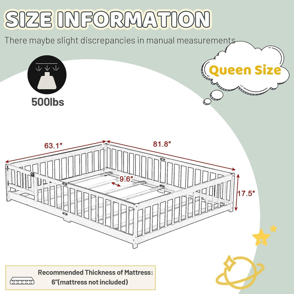 Queen Size Floor Bed, Wooden Montessori Bed Frame with Door, Montessori Floor Queen Bed with Rails for Boys and Girls, No Box Spring Needed, Grey