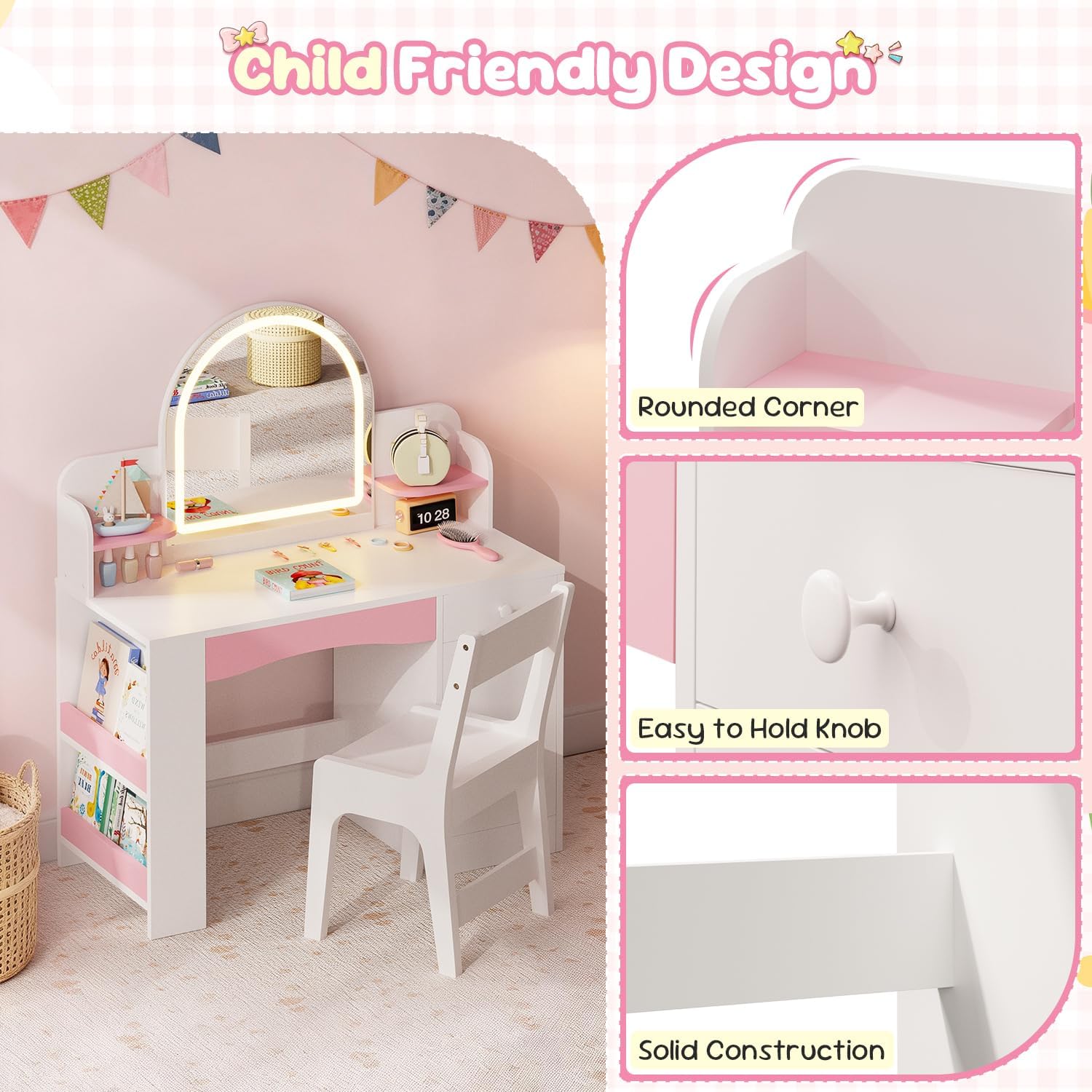 Teckid Kids Vanity Set with Chair and Lights, 2 in 1 Princess Makeup Desk, Toddler Vanity Table with Lighted Mirror, Open Bookshelf, Shelves, Drawers and Storage Cabinet for Little Girls (White)