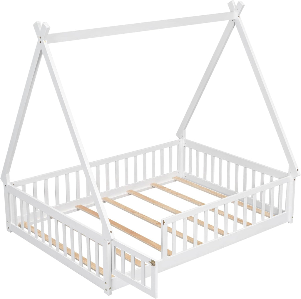 JIVOIT Full Size Tent-Shaped Floor Bed with Door, House Platform Bed Tent Bed Frame with Fence-Shaped Guardrails and Wood Slats Support, Wood Floor Play House Bed for Kids Boys Girls Teens (White,2)