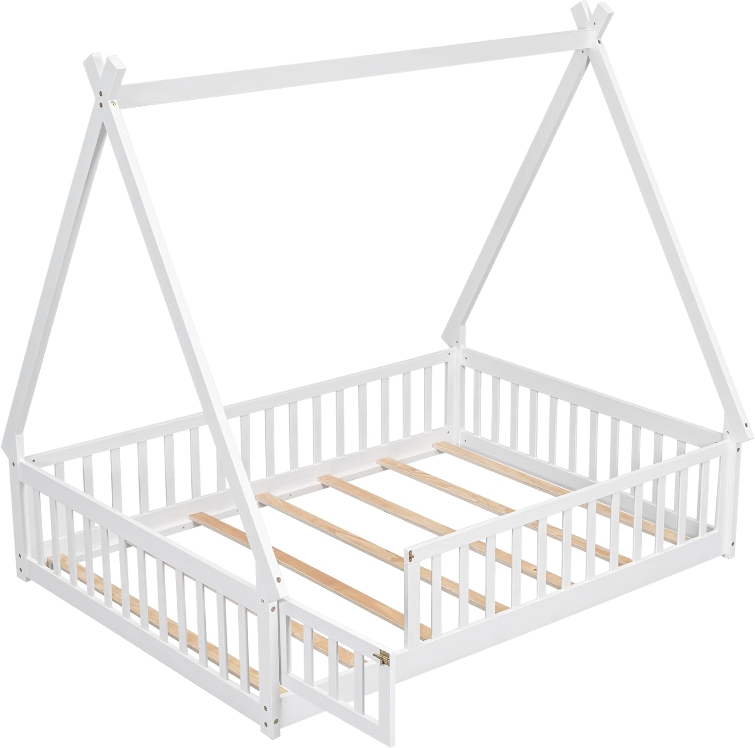 JIVOIT Full Size Tent-Shaped Floor Bed with Door, House Platform Bed Tent Bed Frame with Fence-Shaped Guardrails and Wood Slats Support, Wood Floor Play House Bed for Kids Boys Girls Teens (White,2)