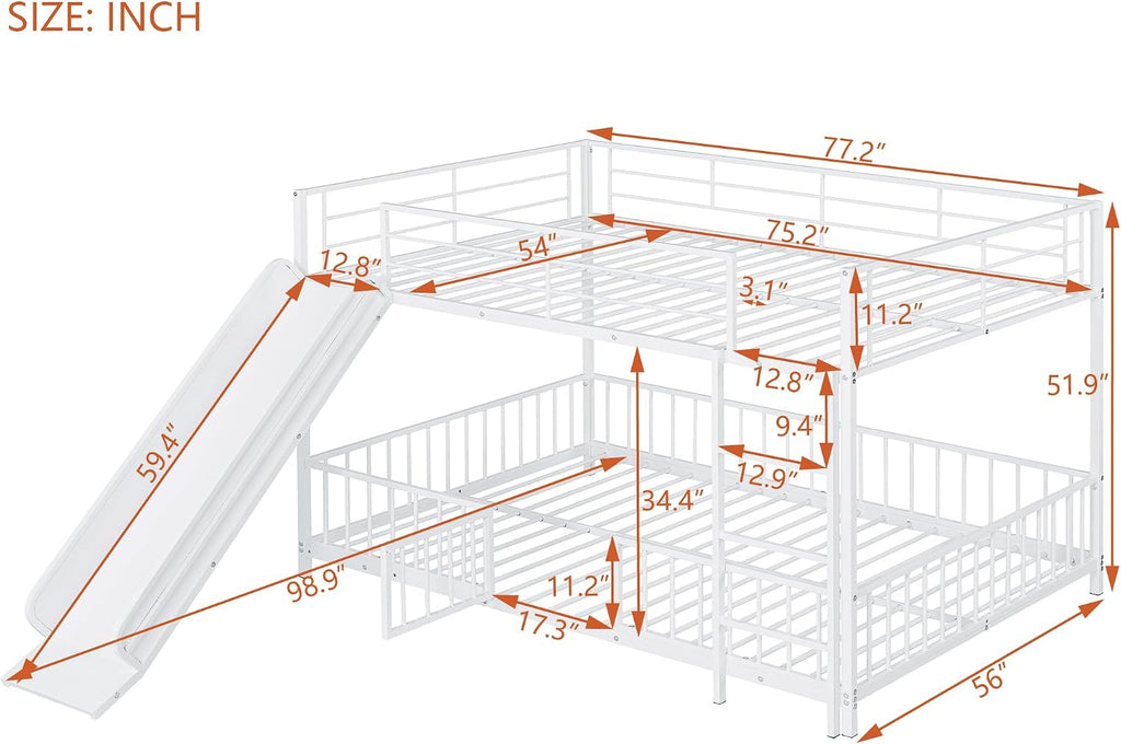 JIVOIT Metal Bunk Bed Frame with Slide and Ladder, Full Over Full Bunk Bed Size with Metal Slats Support, Full-Length Guardrail, Heavy Duty Metal Low Bunk Bed, No Box Spring Needed (White,Full,09)