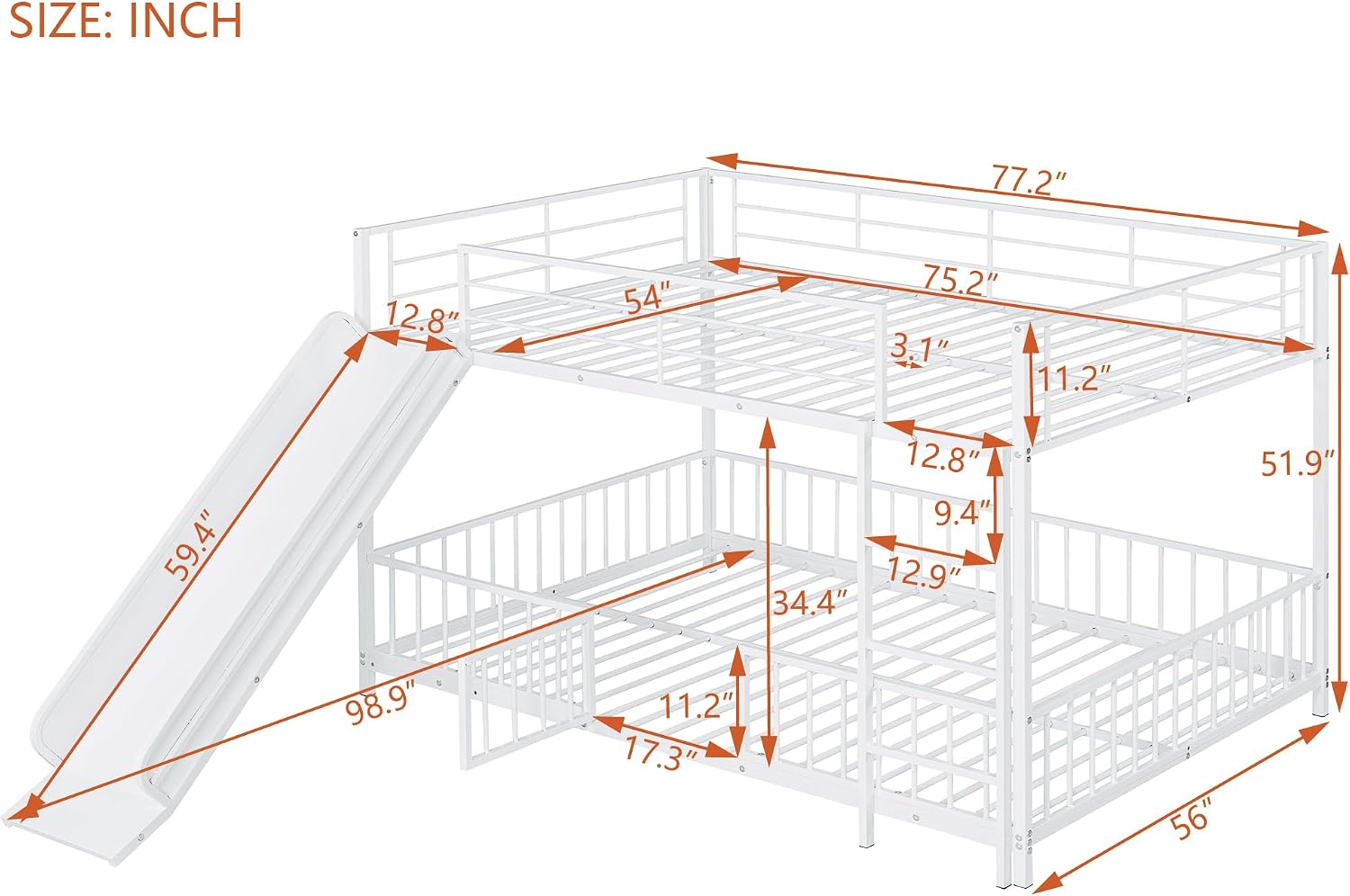JIVOIT Metal Bunk Bed Frame with Slide and Ladder, Full Over Full Bunk Bed Size with Metal Slats Support, Full-Length Guardrail, Heavy Duty Metal Low Bunk Bed, No Box Spring Needed (White,Full,09)