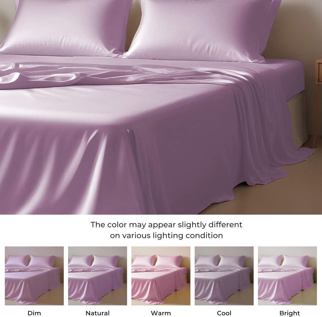 Twin XL Size 4-Piece Sheet Set Premium Mulberry Silk Bed Sheets Set Fits 14-16' Deep Pocket - Luxurious Soft Silk (Solid, Lavender)