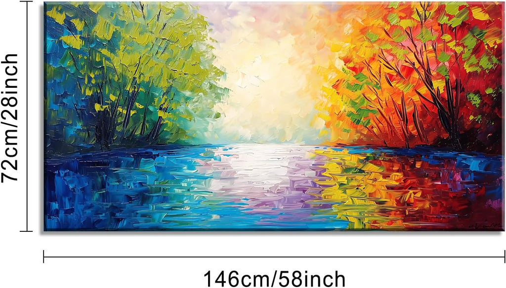 Beautiful River Scenery and Colorful Forests On Both Sides Palette Knife Painting Wall Art Decor Artwork for Bedroom (30x60 Inches)