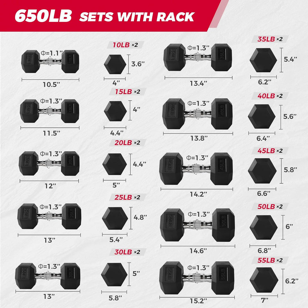 RITFIT 300/350/650LBS Rubber Coated Hex Dumbbell Set with Rack and Multi-Position Weight Bench, 1300LB Capacity for Full Body Workout