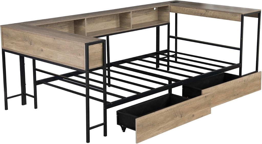 Full Corner Bed Frame with Desk and Storage Bookcase, L- Shaped Daybed with 2 Drawers, LED Lights & 2 Charging Station, Modern Metal Full Size Platform Bed for Kids/Teen Bedroom, Brown
