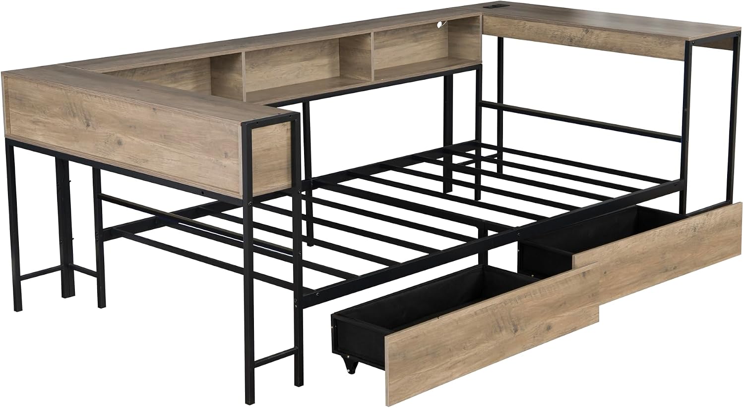 Full Corner Bed Frame with Desk and Storage Bookcase, L- Shaped Daybed with 2 Drawers, LED Lights & 2 Charging Station, Modern Metal Full Size Platform Bed for Kids/Teen Bedroom, Brown