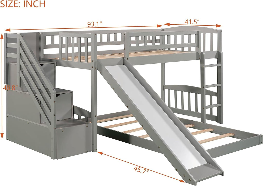 Bellemave Twin Over Twin Stairway Bunk Bed with 2 Storage Drawers and Slide, Pinewood Frame, Full-Length Guardrails, Convertible Ladder Slide Staircase, No Box Spring for Kids Bedroom (Grey)