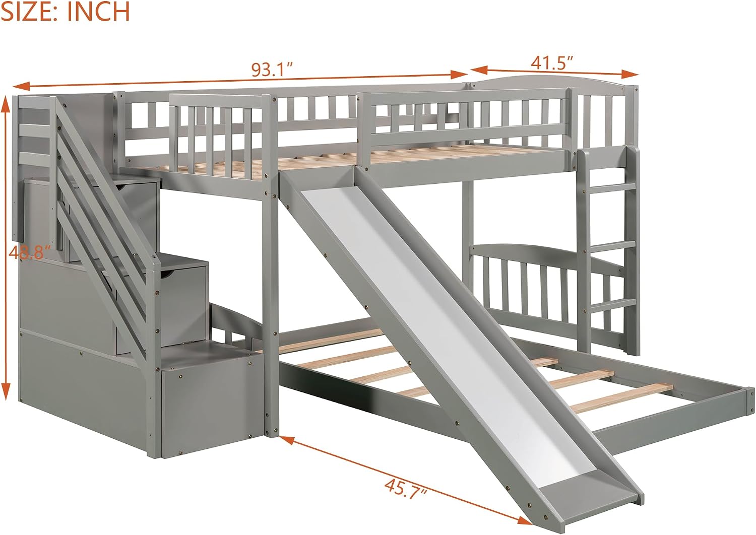 Bellemave Twin Over Twin Stairway Bunk Bed with 2 Storage Drawers and Slide, Pinewood Frame, Full-Length Guardrails, Convertible Ladder Slide Staircase, No Box Spring for Kids Bedroom (Grey)