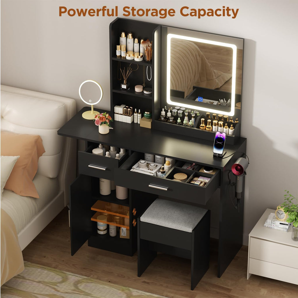 ERLEJIA Vanity Desk with Mirror and Lights & Extral Foldable Desk, 35.43' & 43.3' Makeup Vanity Table with Stool and Plug Outlet, 5 Drawers and Open Shelves Dressing Table for Bedroom,Black
