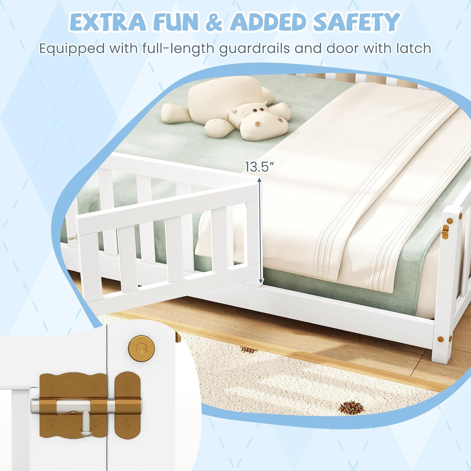Giantex Full Size Floor Bed for Kids, Low Montessori Bed with Wood Slats & Safety Guardrails, Solid Wood Full Floor Beds with Fence and Door for Kids Boys Girls, White
