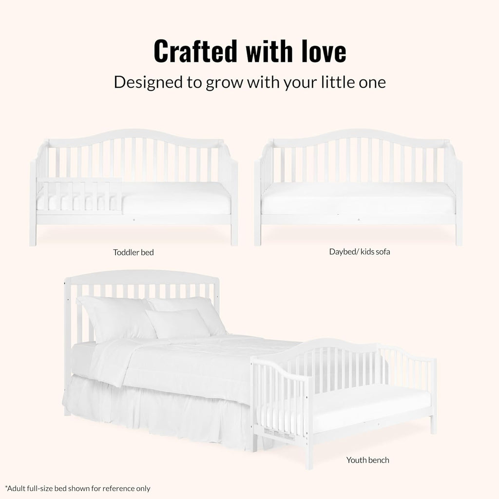 Dream On Me Austin Toddler Day Bed with Rails in White, Low to Floor Toddler Day Bed, Greenguard Gold & Baby Safety Alliance Certified, Non-Toxic Finishes, Side Safety Guard Rail