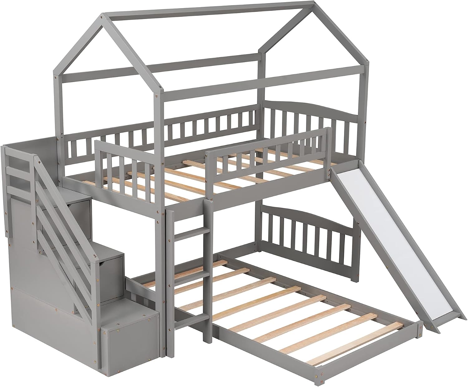 Twin Over Twin Bunk Beds with Slide and Storage Steps, Bunk Bed for Kids Toddlers, Playhouse Farmhouse Roof Guardrail Ladder 2 Drawers, for Girls/Boys, No Spring Box Required (Gray+Storage Steps)